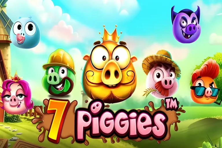 Színes kaparós sorsjegy játék 7 Piggies címmel a Pragmatic Play-től, különböző karakteres malacokkal, beleértve egy arany koronás malacot és vidám farmi háttérrel.