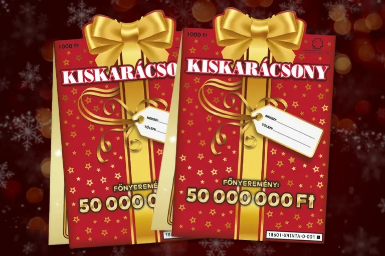Kiskarácsony sorsjegy piros és arany dizájnnal, karácsonyi csomagolást idéző grafikával.