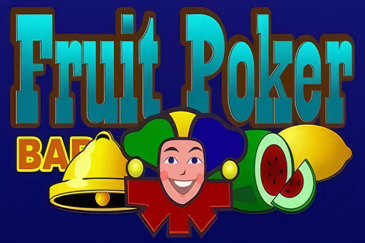 Fruit Poker logó klasszikus gyümölcsös nyerőgép dizájnnal, harang, dinnye és citrom ikonokkal, valamint Joker figurával.