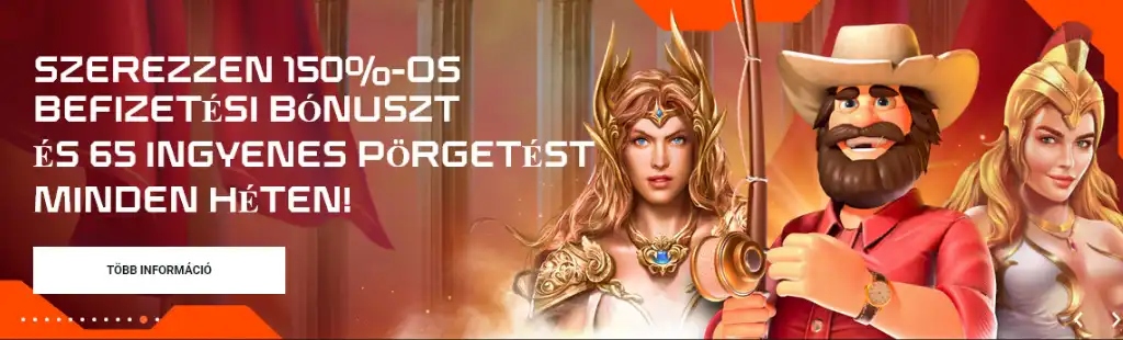 GGbet online kaszinó 150%-os befizetési bónusz és 65 ingyenes pörgetés minden héten promóció.
