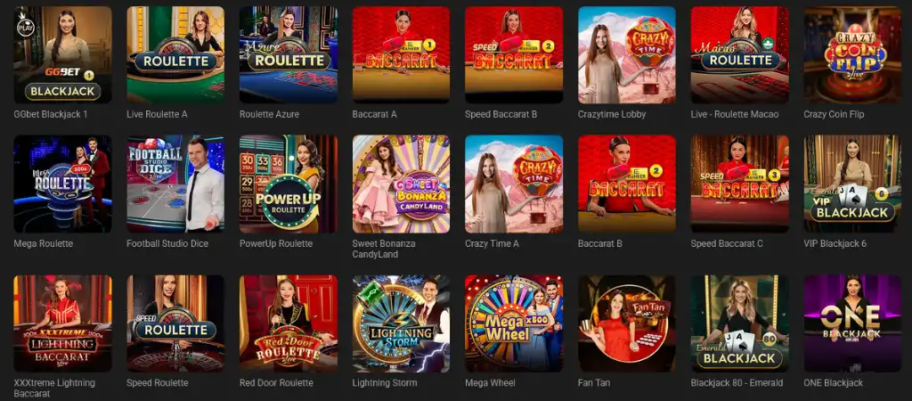 Élő kaszinójátékok a GGbet oldalán: blackjack, rulett, baccarat és Crazy Time