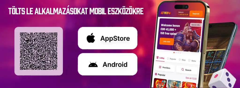 HitNSpin mobilalkalmazás letöltési lehetőségek QR-kóddal, App Store és Android gombokkal, valamint kaszinó alkalmazás előnézetével egy mobiltelefon kijelzőjén.