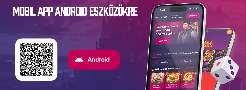 NV Casino Android mobilalkalmazás letöltési lehetőség QR-kóddal, letöltés gombbal és a kaszinó app előnézetével egy okostelefon képernyőjén.
