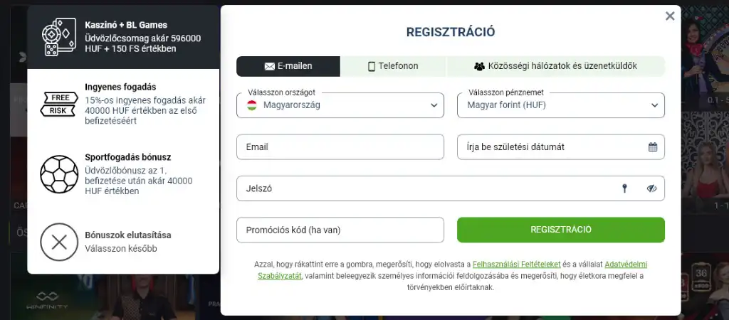 BetLabel online kaszinó regisztrációs űrlap e-mailes és telefonszámos lehetőséggel.