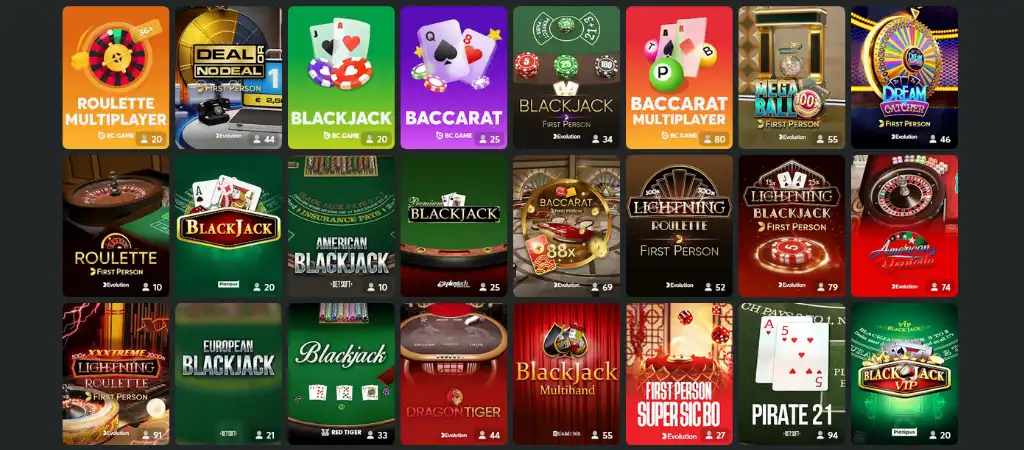 BC.Game online kaszinó asztali kaszinójáték kínálat, rulett, blackjack és baccarat.