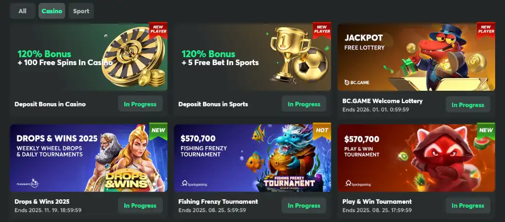 BC.Game bónusz ajánlatok online kaszinóhoz és sportfogadáshoz új és meglévő játékosoknak.