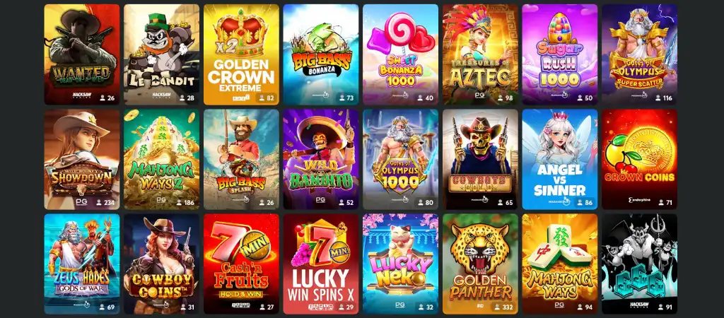 BC.Game online kaszinó nyerőgépek, slot játékok színes választéka.