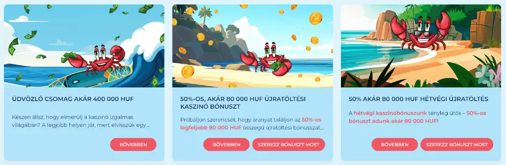 Crabslots kaszinó bónusz promóciók, üdvözlő csomag, heti bónuszok és újratöltési ajánlatok.