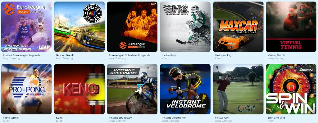 Virtuális sportjátékok választéka a Crabslots kaszinóban. Foci, motorverseny, tenisz és más szimulációk.