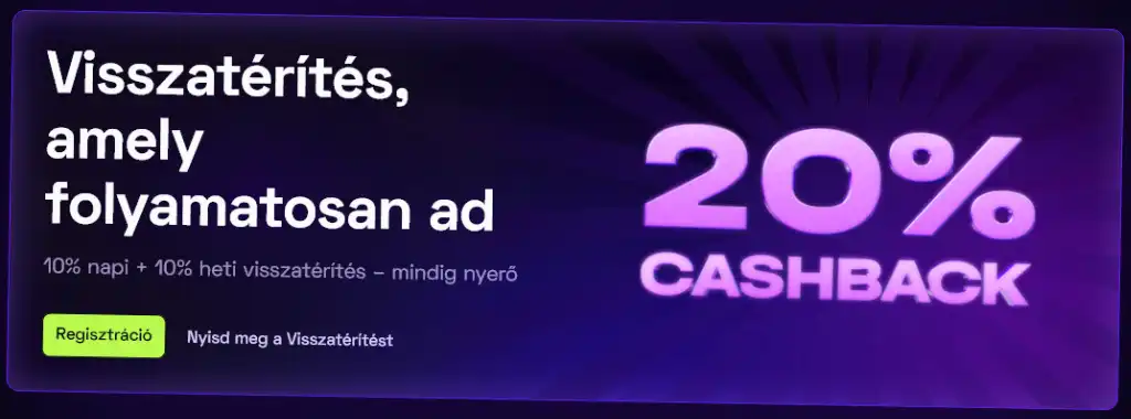 Immerion kaszinó cashback bónusz grafika, 20% visszatérítés, napi és heti cashback lehetőségek, zöld regisztráció gomb és figyelemfelkeltő dizájn.