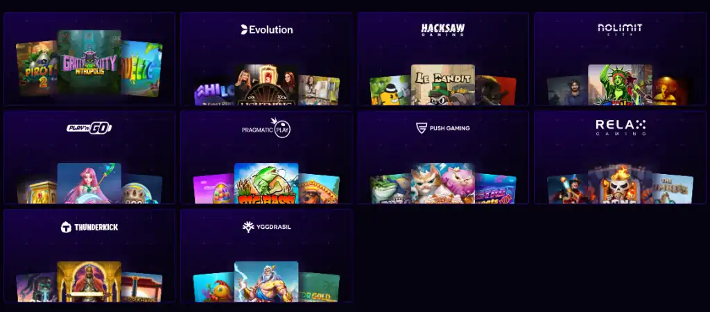 Immerion kaszinó játék szolgáltatók listája, népszerű szoftverfejlesztők, köztük Evolution, Pragmatic Play, Play’n GO, Push Gaming, Yggdrasil és Hacksaw Gaming játékai.