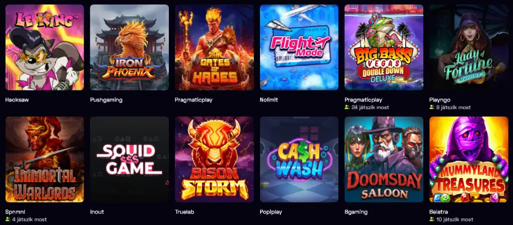Immerion kaszinó slot nyerőgépek kínálata, színes játékikonok, mint Le King, Gates of Hades, Big Bass Vegas, Mummyland Treasures és Squid Game automata játékok.