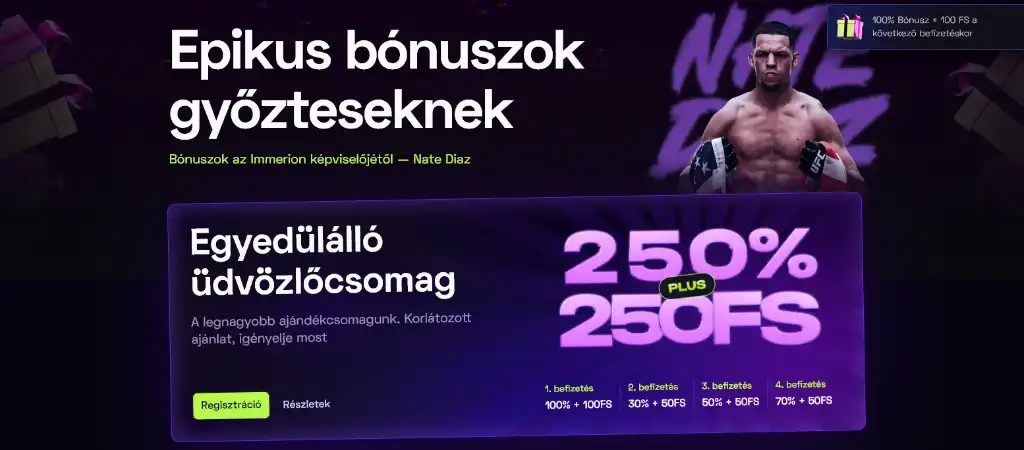 Immerion kaszinó üdvözlő bónusz csomag promóciós képe, 250% befizetési bónusz és 250 ingyenes pörgetés, Nate Diaz sportolóval és részletes bónusz struktúrával.