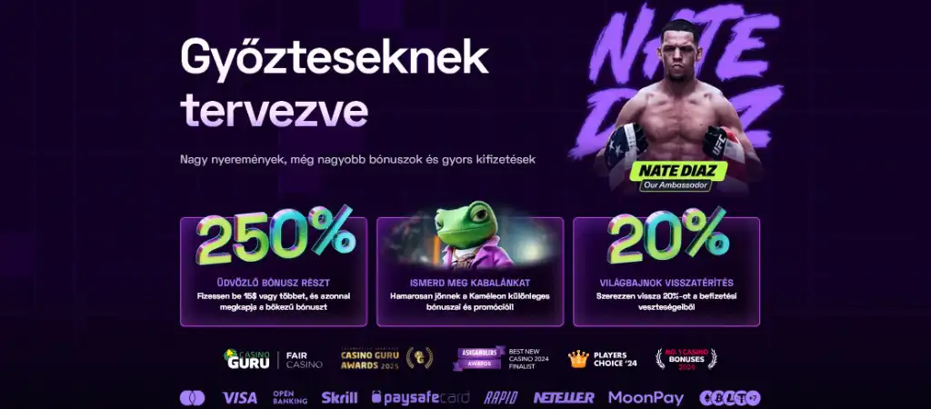 Immerion online casino weboldal főképernyő, Nate Diaz mint márka nagykövet, 250% üdvözlő bónusz és 20% visszatérítés kiemelve.