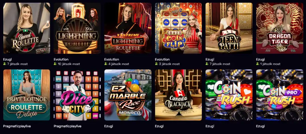 Immerion online kaszinó élő játékok képernyő, valós idejű rulett, blackjack, coin flip, teen patti és dragon tiger asztalok valódi osztókkal, játékosok aktivitásával.