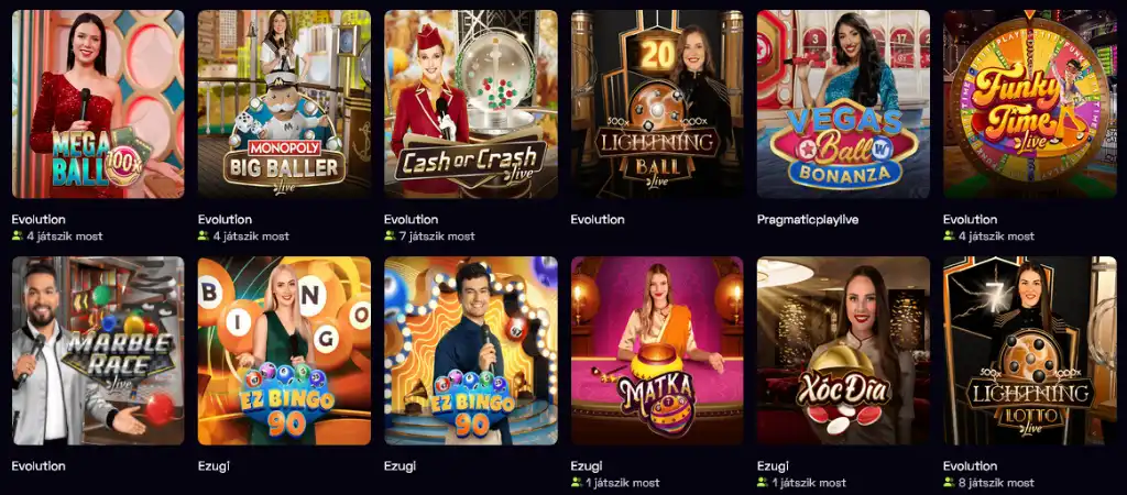 Immerion online kaszinó lottó és bingó játékok gyűjteménye, Mega Ball, Monopoly Big Baller, EZ Bingo 90, Lightning Lotto és egyéb sorsolás alapú játékok élő műsorvezetőkkel.