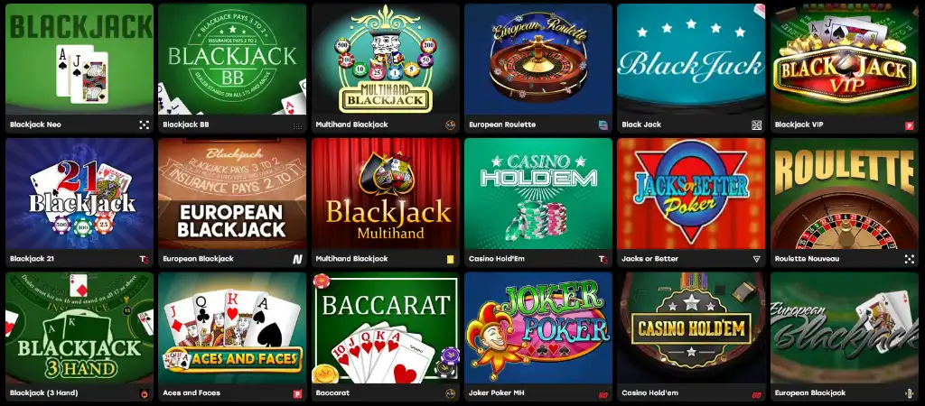 Fairspin online kaszinó asztali játékok, köztük blackjack, rulett és póker digitális változatban.