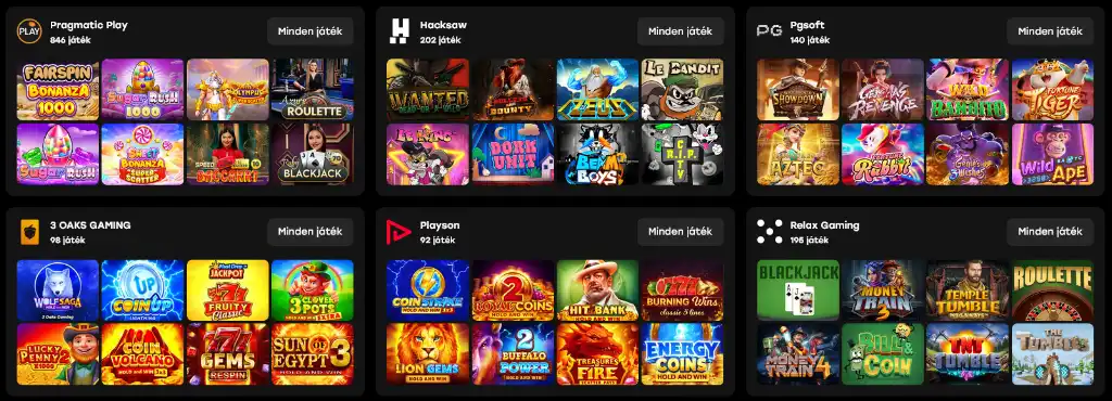 Fairspin kaszinó online játék szolgáltatók kínálata, mint Pragmatic Play, Hacksaw, PG Soft és további neves fejlesztők