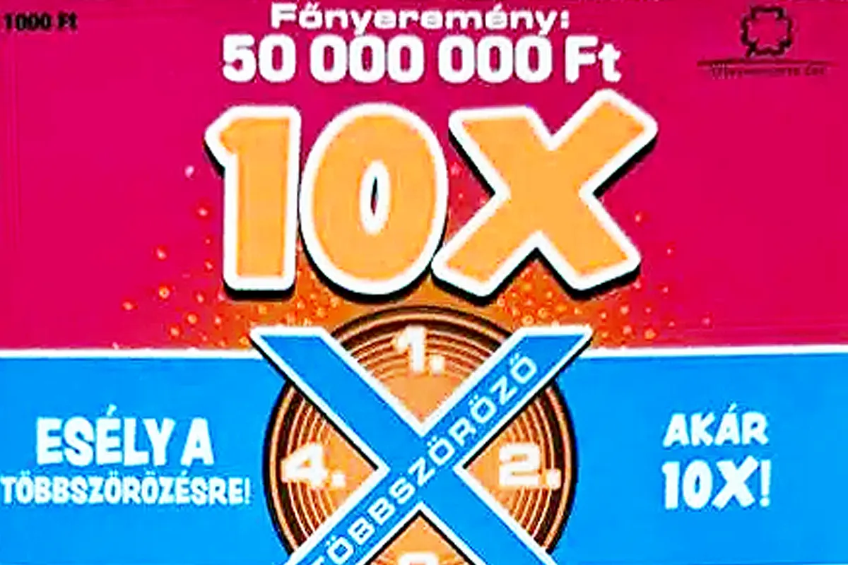 10X sorsjegy, színes kaparós sorsjegy 50 millió forintos főnyereménnyel, többszörözési lehetőséggel és színes dizájnnal