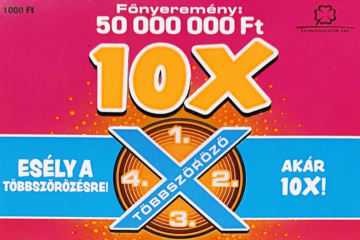 10X sorsjegy, színes kaparós sorsjegy 50 millió forintos főnyereménnyel, többszörözési lehetőséggel és színes dizájnnal