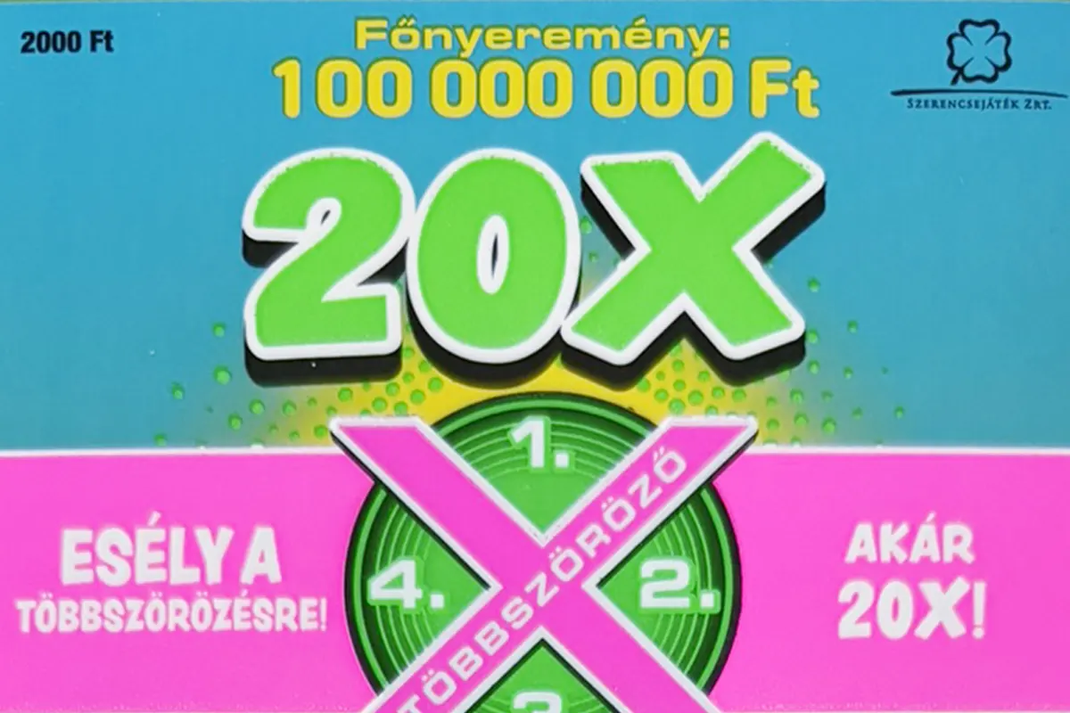 20X kaparós sorsjegy borító, 100 millió Ft főnyereményű, esély többszörözős játékos sorsjegy Magyarországról