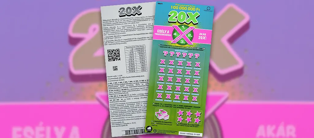 20X sorsjegy, élénk színes kaparós sorsjegy a Szerencsejáték Zrt. kínálatából, 100 millió forintos főnyereménnyel