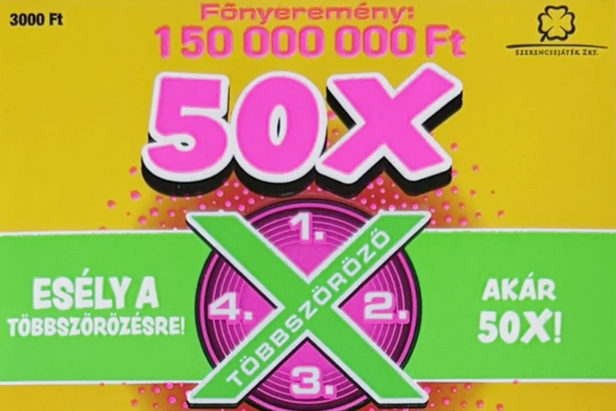 50X kaparós sorsjegy, akár 150 millió Ft főnyereményű, többszörözős játékos sorsjegy Magyarországon