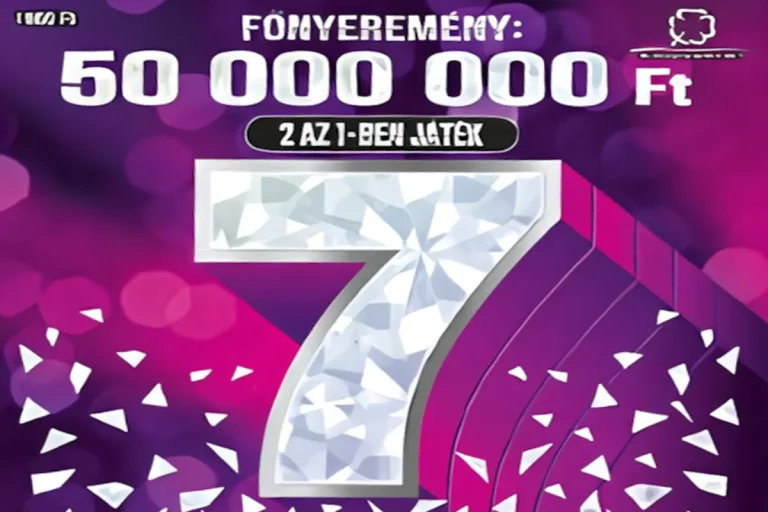 7 sorsjegy, hagyományos magyar kaparós sorsjegy 50 millió forintos főnyereménnyel, lila háttérrel és gyémánt mintás számmal.