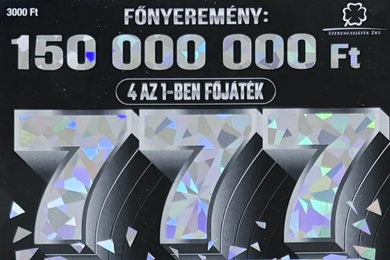 777 kaparós sorsjegy borító, 4 az 1-ben játék 150 millió Ft főnyereménnyel, elegáns fekete-hologramos dizájnnal