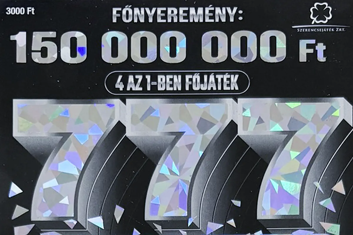 777 kaparós sorsjegy borító, 4 az 1-ben játék 150 millió Ft főnyereménnyel, elegáns fekete-hologramos dizájnnal