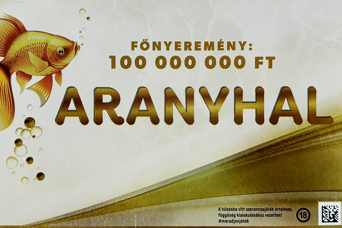 Aranyhal sorsjegy, 100 millió Ft főnyereményű arany színű kaparós sorsjegy, aranyhal grafikával