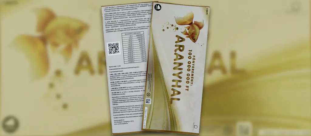 Aranyhal sorsjegy, klasszikus kaparós sorsjegy a Szerencsejáték Zrt. kínálatából, 100 millió forintos főnyereménnyel