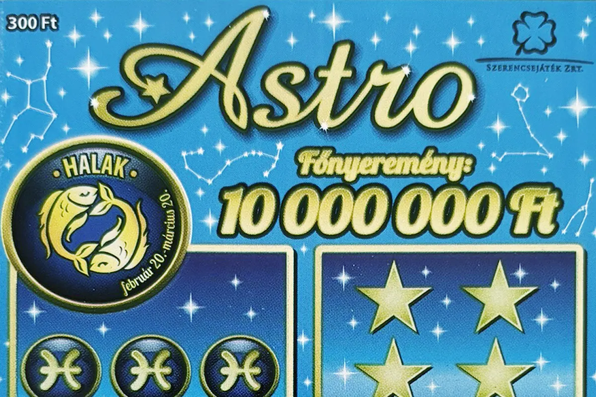 Astro kaparós sorsjegy, kék csillagjegyes sorsjegy 10 millió Ft főnyereménnyel, Halak szimbólummal