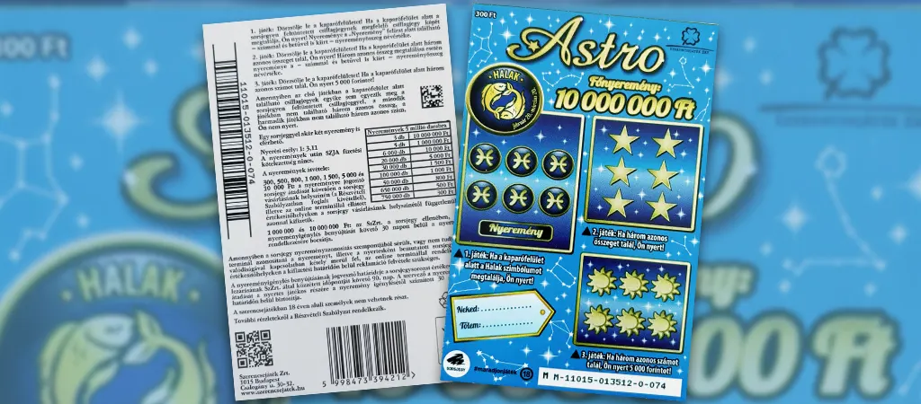 Astro sorsjegy, Halak csillagjegyű kaparós sorsjegy a Szerencsejáték Zrt. kínálatából, 10 millió forintos főnyereménnyel