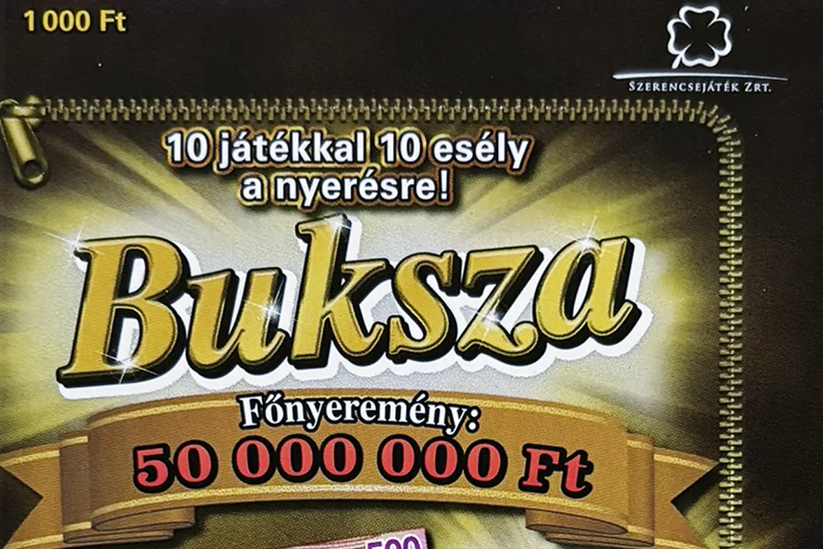 Buksza kaparós sorsjegy borító, 10 játékos, 50 millió Ft főnyereményű sorsjegy magyar bankjegyek dizájnjával