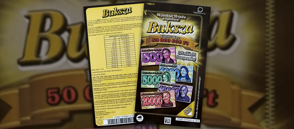 Buksza sorsjegy, arany színű kaparós sorsjegy a Szerencsejáték Zrt. kínálatából, 50 millió forintos főnyereménnyel