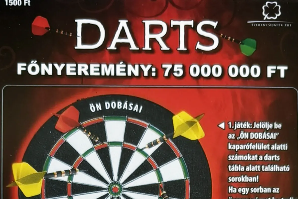 Darts sorsjegy, piros-fekete kaparós sorsjegy dartstáblás mintával, 75 millió Ft főnyereménnyel