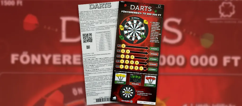 Darts kaparós sorsjegy, célbadobós témájú magyar kaparós játék 75 millió forintos főnyereménnyel