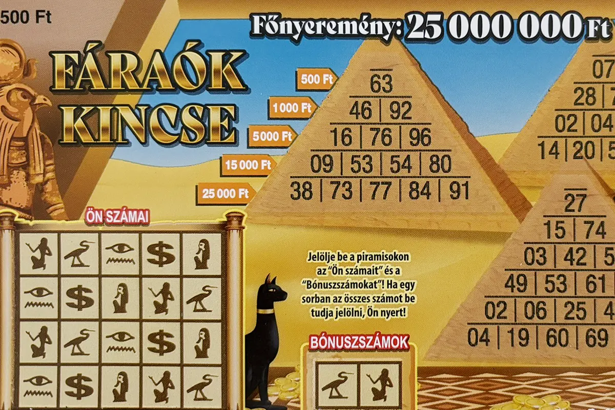 Fáraók kincse kaparós sorsjegy borító, 25 millió Ft főnyereményű egyiptomi stílusú sorsjegy a Szerencsejáték Zrt. kínálatából