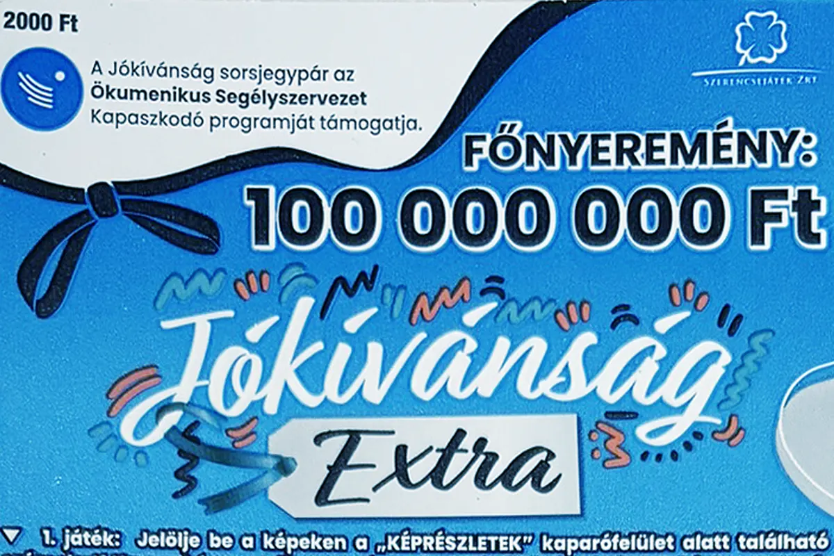 Jókívánság Extra kaparós sorsjegy borító, 100 millió Ft főnyereményű, kék dizájnú jótékonysági sorsjegy az Ökumenikus Segélyszervezet támogatásával