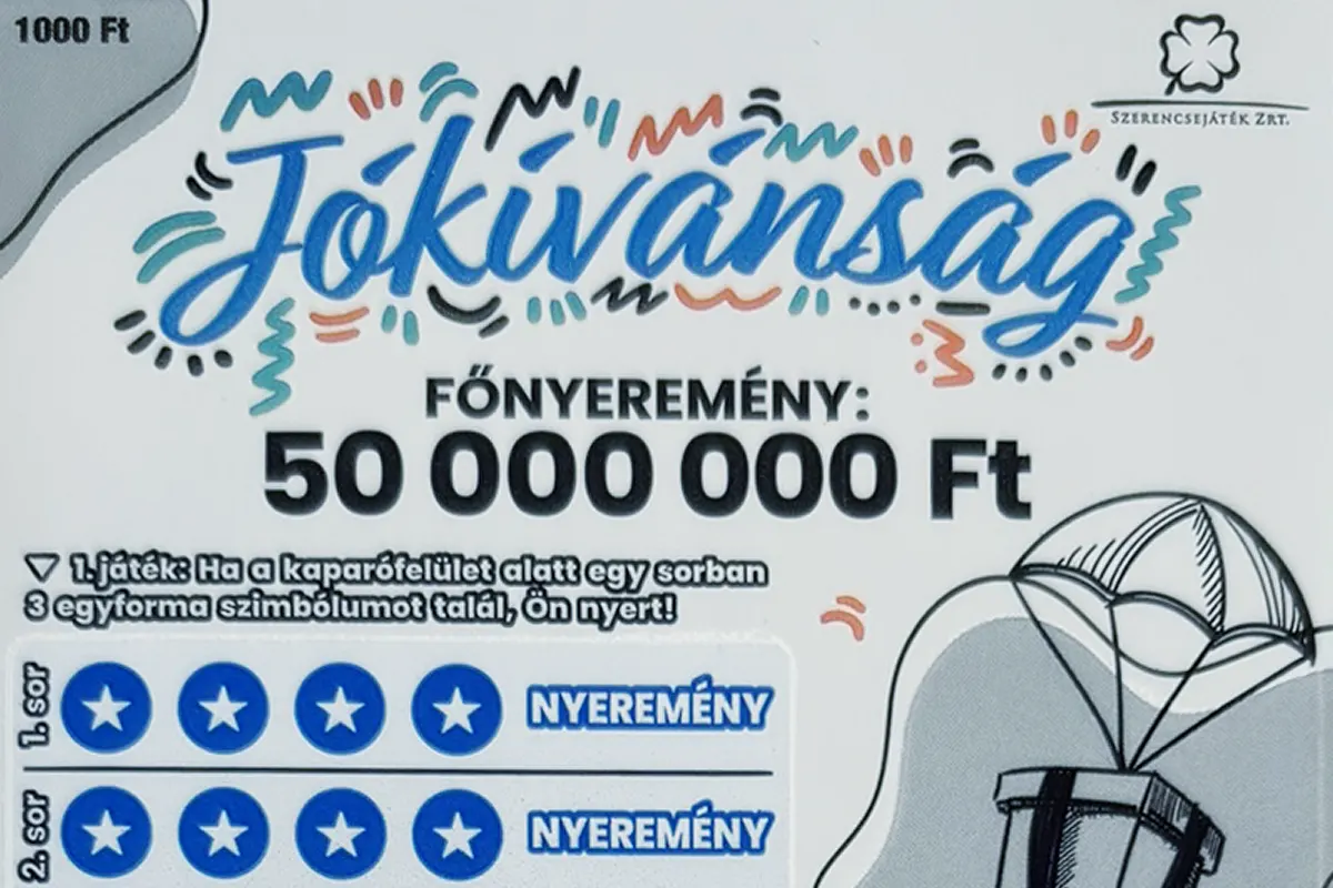 Jókívánság sorsjegy, vidám, fehér hátterű kaparós sorsjegy 50 millió forintos főnyereménnyel