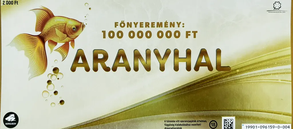 Aranyhal kaparós sorsjegy Magyarországról, 100 millió forintos főnyereménnyel