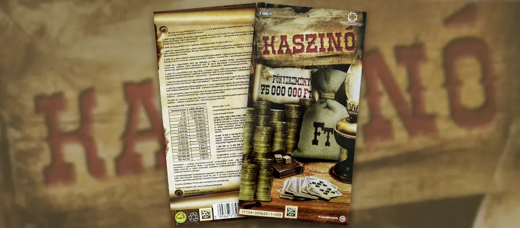 Kaszinó kaparós sorsjegy, kártyás és zsetonos dizájnú hagyományos magyar kaparós játék 75 millió forintos főnyereménnyel