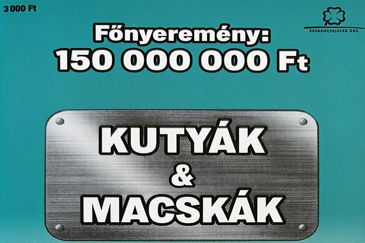 Kutyák és Macskák sorsjegy, 3000 forintos kaparós sorsjegy állatbarát témával és 150 millió Ft főnyereménnyel