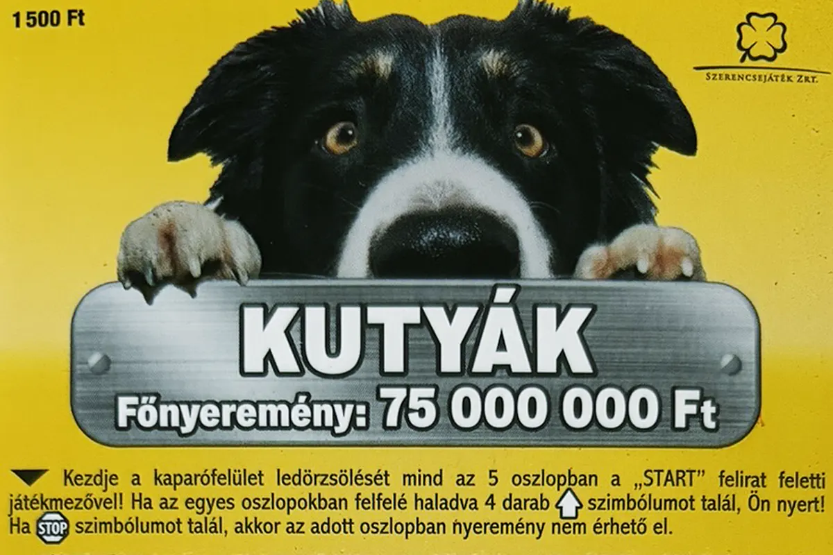 Kutyák sorsjegy, 1500 forintos kutyás kaparós sorsjegy a Szerencsejáték Zrt.-től, 75 millió Ft főnyereménnyel