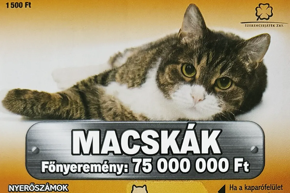Macskák sorsjegy, 1500 forintos kaparós sorsjegy macskás dizájnnal és 75 millió forintos főnyereménnyel