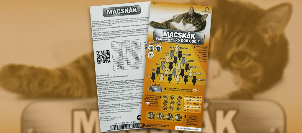 Macskák kaparós sorsjegy, cicás témájú hagyományos magyar sorsjegy 75 millió forintos főnyereménnyel