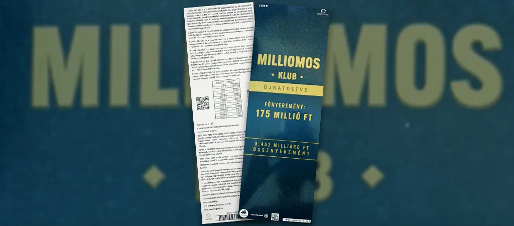 Milliomos Klub kaparós sorsjegy, klasszikus stílusú magyar sorsjegy 175 millió forintos főnyereménnyel