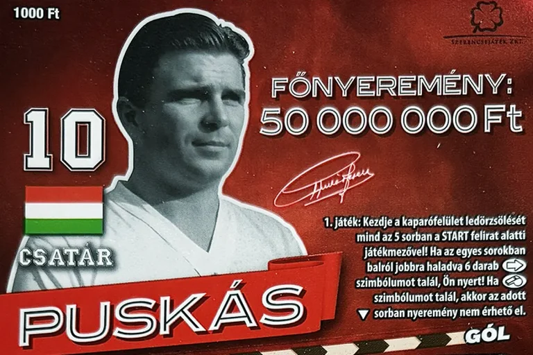 Puskás sorsjegy, 1000 forintos piros kaparós sorsjegy a legendás magyar futballistával, 50 millió Ft főnyereménnyel