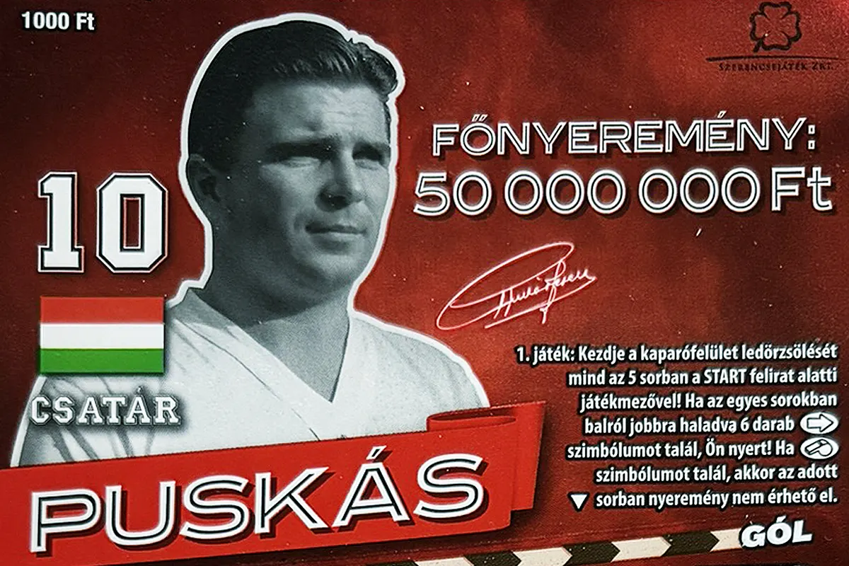 Puskás sorsjegy, 1000 forintos piros kaparós sorsjegy a legendás magyar futballistával, 50 millió Ft főnyereménnyel